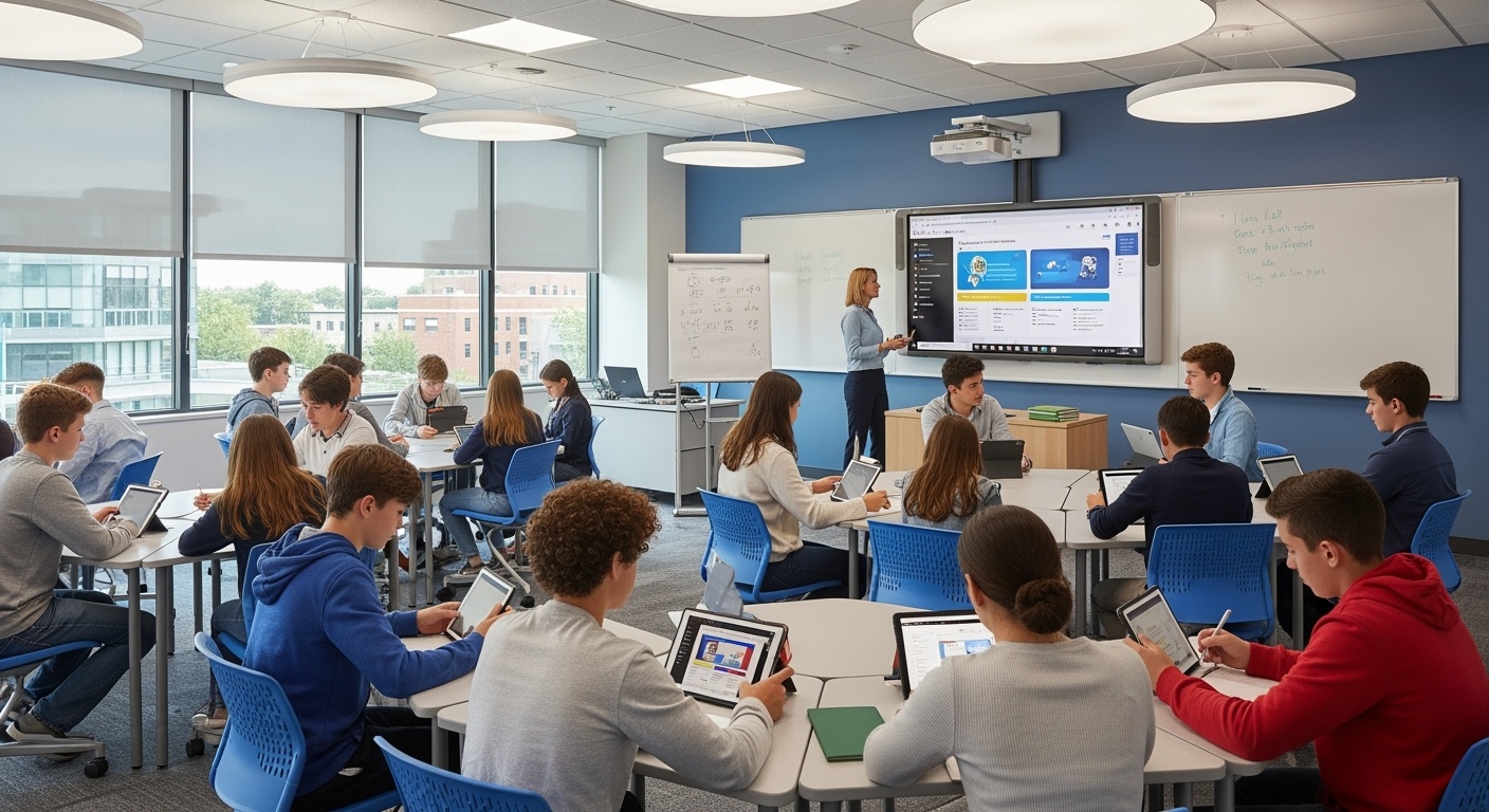Modern LMS classroom with students using technology